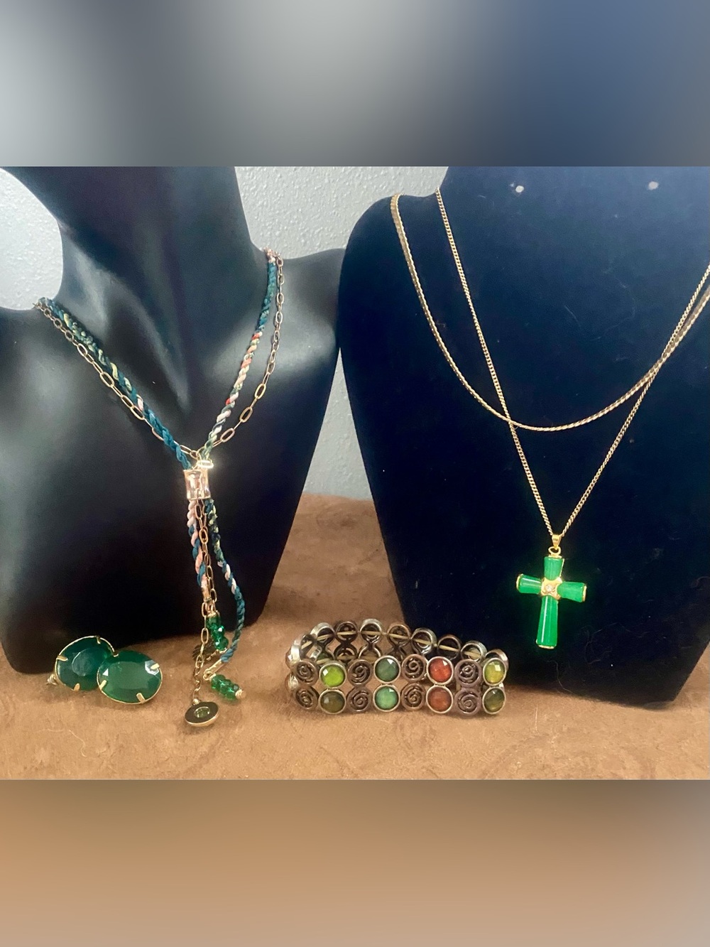 Green braided Lariat, Cross Pendant & Gold Chain Necklaces, Bracelet, Earrings